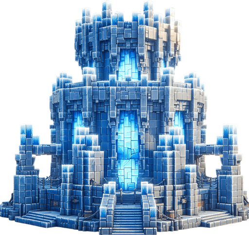 A turret tower constructed out of square ice blocks. Front view perspective. Single Game Texture. In-Game asset. 2d. Blank background. High contrast. No shadows.