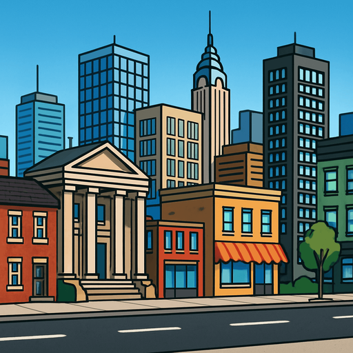 realistic mixed city.
In-Game asset.  2d.  High contrast.  No shadows