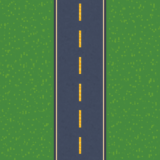 road with yellow lines 
Let there be a large land area on both sides of the road but pixel art style

. Bacground is green. No shadows. 2d. In-Game asset. flat