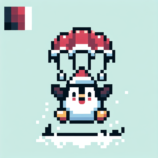 cute fat chubby parachuting penguin wearing a santa hat. pixelated. 8 bit. Single Game Texture. In-Game asset. 2d. Blank background. High contrast. No shadows.
