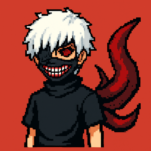 KANEKİ PİXEL ART GHOUL.
In-Game asset.  2d.  High contrast.  No shadows