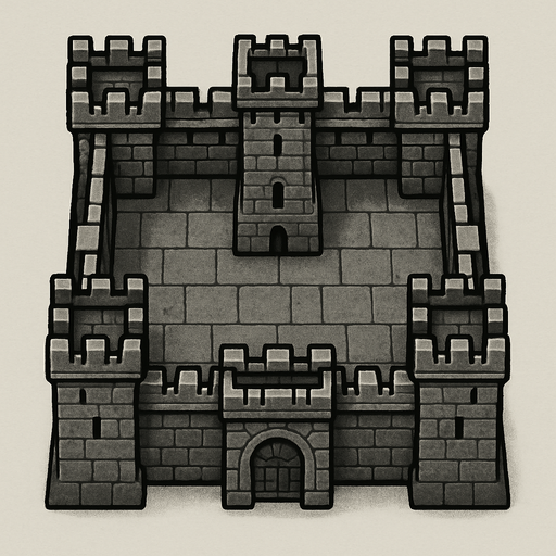 17. century tower castle square shaped 1x1 medeval military base,grey coloured top-down look , simple design, medieval-semirealistic..
In-Game asset.  2d.  High contrast.  No shadows