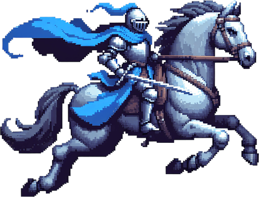 2d 16 bit image the blue knight ride armored grey horse run mode. horizontal image.
Single Game Texture.  In-Game asset.  2d.  Blank background.  High contrast.  No shadows