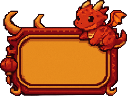 A horizontally-oriented pixel art score frame designed for a fantasy-themed 2D retro game featuring a baby dragon.
The frame is intended to be placed at the top center of the screen during gameplay.
It has a rounded rectangular shape with a rich dark red or deep gold background and mystical decorative accents.
The inside of the frame is filled with a solid warm color (not transparent) to allow number assets to be placed on top.
Small fantasy elements like tiny dragon scales, curved horns, or red lantern motifs can appear on the corners or edges to match the baby dragon theme.
The overall look is mystical, cute, and fits a traditional Eastern-inspired fantasy aesthetic..
In-Game asset.  2d.  High contrast.  No shadows. pixel art. side view. fantasy. retro game. dragon theme. eastern style. cute. rich colors. mystical
