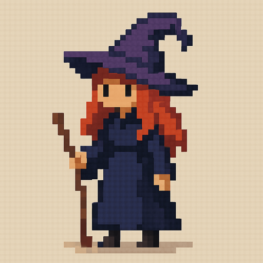 a witch with red head and purple hat..
pixel art. full body