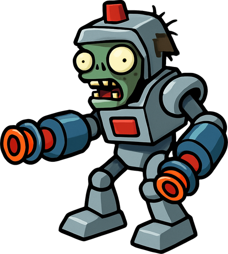 a plant vs zombies zombie whit a robot costume and a laser gun arms.
In-Game asset.  2d.  High contrast.  No shadows