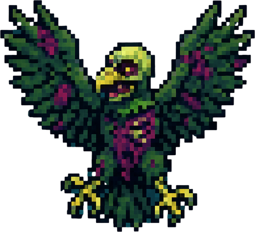 Uma águia zumbi, vista aérea, estilo pixel art.
In-Game asset.  2d.  High contrast.  No shadows