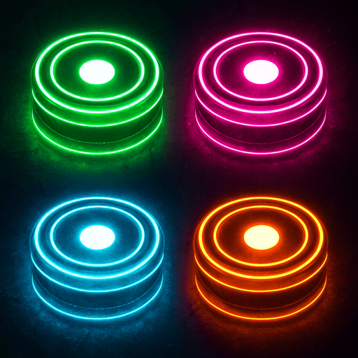 make it neon cyberpunk style, make one green, one pink, one light blue, and one orange, add a white circle in the middle of each