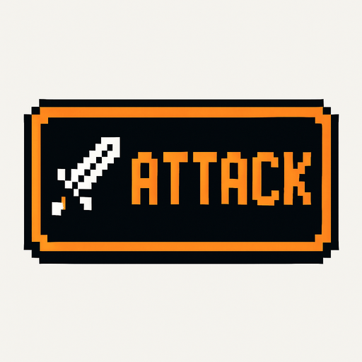 Black button with an orange outline that says "attack" and has a sword icon, pixel art.
In-Game asset.  2d.  High contrast.  No shadows