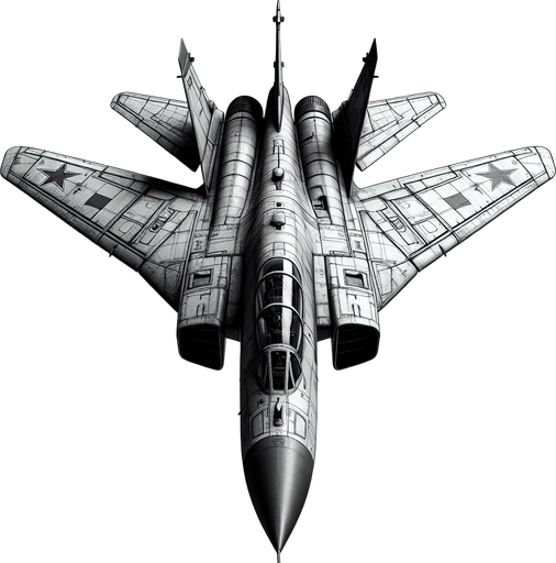 A Soviet fighter jet, facing down.
Single Game Texture.  In-Game asset.  2d.  Blank background.  High contrast.  No shadows
