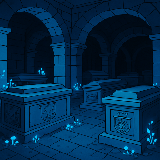 A sacred royal crypt deep underground, stone tombs with carved family crests, faint blue glow from fungi, complete silence.
In-Game asset.  2d.  High contrast.  No shadows