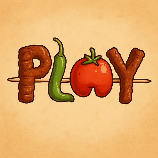 şiş in içine geçmiş bir şekilde  play yazıcak ama domates biber ve etten yani gerçek kebab gibi ama harfler var. daha  çizgifilmsel olacak  mesela "p" et "l" biber "a" domates "y" et
