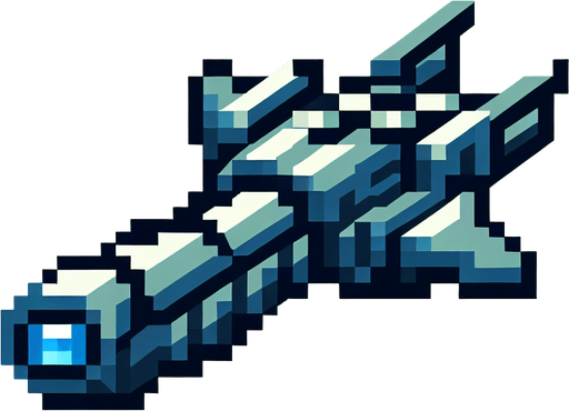 Spaceship with 1 cannon facing upwards.
Single Game Texture. In-Game asset. 2d. Blank background. High contrast. No shadows. Pixelated.