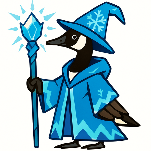 A Canadian Goose in Magic Ice Mage Outfit armed with a magic ice staff.
In-Game asset.  2d.  High contrast.  No shadows