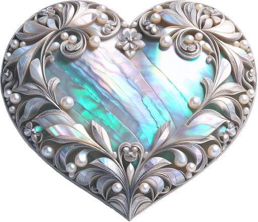 Large precious heart in mother-of-pearl, lightly ornate.
Front view.