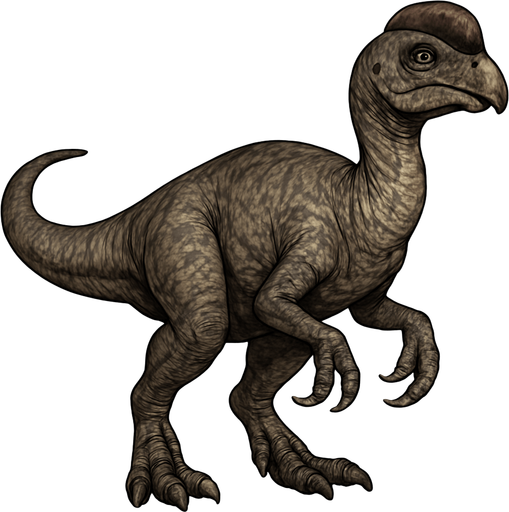 A realistic Oviraptor dinosaur depicted in a neutral pose on a transparent background. It has smooth, mottled gray and brown scaly skin with visible wrinkles and texture. The head is short and rounded with a prominent crest above its eyes and a strong, curved beak. Its limbs are muscular with sharp claws. The tail is medium length and slightly curved. The skin texture shows detailed scales and natural imperfections, emphasizing a lifelike, agile predator..
In-Game asset.  2d.  High contrast.  No shadows