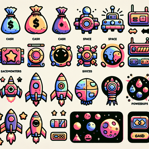 Spaceships, spacemonsters, cash, powerups.
Studio Ghibli. Ghibli style. Mobile game. Colorful. hand drawn. cute. fun. In-Game asset. 2d. Blank background. High contrast. No shadows.