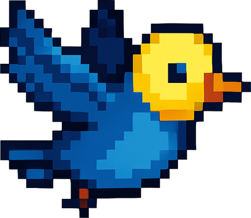 pxel art sarı kafalı mavi uçar pozisyonda bir kuş.
Single Game Texture. In-Game asset. 2d. Blank background. High contrast. No shadows.