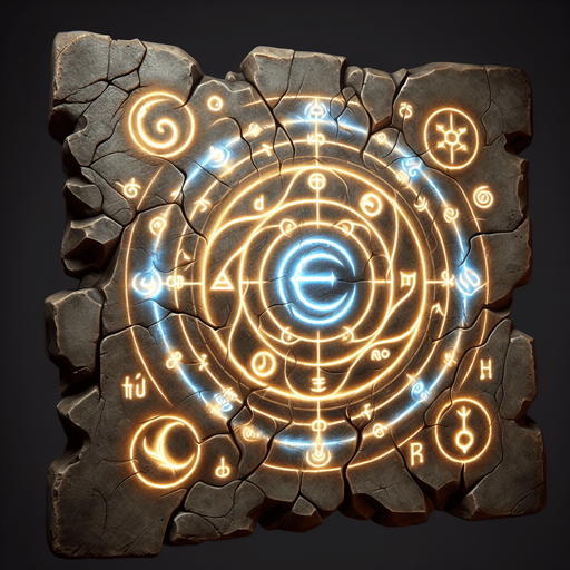 a cracked stone tablet or ancient scroll depicting elemental symbols with a subtle glow..
Single Game Texture.  In-Game asset.  2d.  Blank background.  High contrast.  No shadows