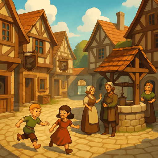 A quaint medieval town square with cobbled streets, wooden signs, children playing, townsfolk chatting near a well, cheerful and warm vibe, realistic
In-Game asset.  2d.  High contrast.  No shadows