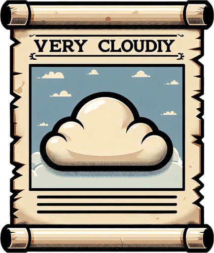 a pergament letter with the name "Very cloudy". It has a big cloud on it. vertical. Single Game Texture. In-Game asset. 2d. Blank background. High contrast. No shadows.
