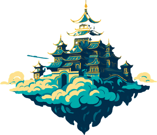 dari jauh terlihat istana langit di atas awan luas versi fantasy china.
In-Game asset.  2d.  High contrast.  No shadows