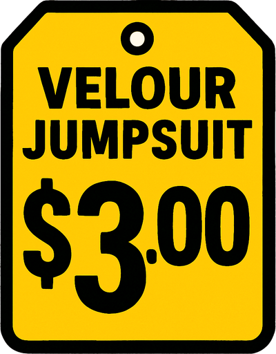 Price tag that says velour jumpsuit $3.00.
In-Game asset.  2d.  High contrast.  No shadows