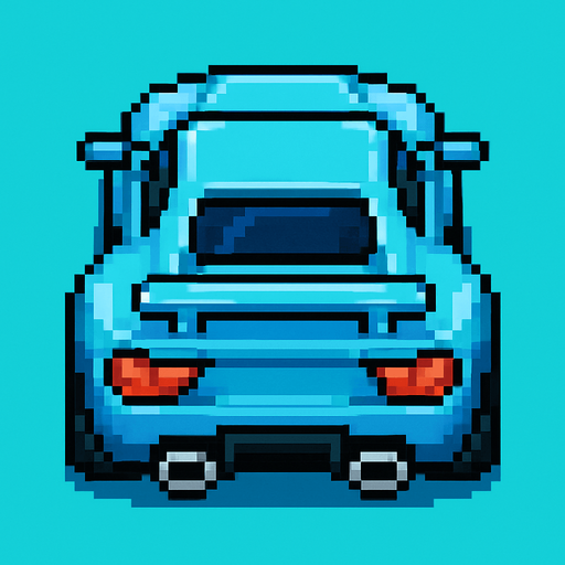 auto celeste deportivo con perspectiva desde arriba y trasera hecho con pixeles.
In-Game asset.  2d.  High contrast.  No shadows