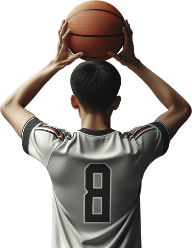 一个穿运动服正在准备投篮的青年，正背对.
Single Game Texture. In-Game asset. 2d. Blank background. High contrast. No shadows.
