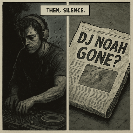 Realistic comic book style, 2048x2048. Split-frame design: left half shows Noah mid-performance dissolving into shadows; right half shows a crumpled newspaper with the headline "DJ NOAH GONE?". Desaturated colors, somber mood. Add a transparent narrator box at the top-center with the text: "Then, silence." in comic font..
In-Game asset.  2d.  High contrast.  No shadows