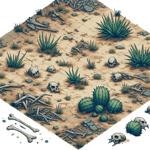 In a wasteland, there are some green plants and some animal bones around..
Single Game Texture. In-Game asset. 2d. Blank background. High contrast. No shadows.