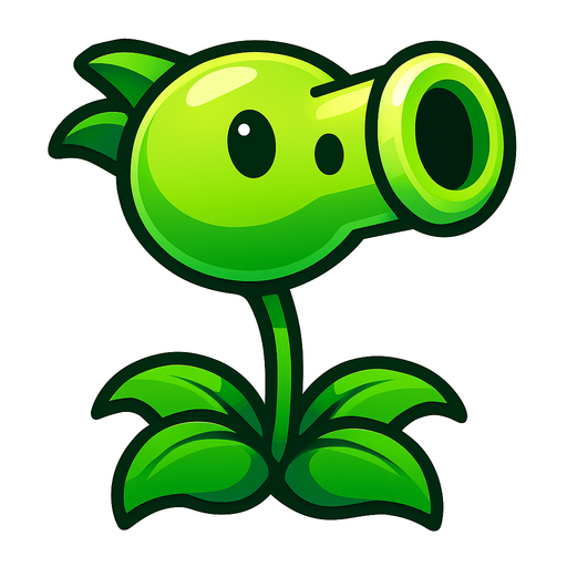 una planta de color verde brillante con forma de pistola vegetal: su “cañón” cilíndrico, ligeramente más ancho en la boca, luce un tono verde claro con un suave degradado y un brillo que le da volumen. Sus ojos son dos círculos lisos y oscuros, casi sin pupila, que le aportan un aire simpático y sencillo. El cuerpo descansa sobre un tallo delgado y flexible, sostenido por cuatro hojas arqueadas y onduladas en la base, de un verde más intenso, que sirven de “pies” y refuerzan su aparienciauna planta de color verde brillante con forma de pistola vegetal: su “cañón” cilíndrico, ligeramente más ancho en la boca, luce un tono verde claro con un suave degradado y un brillo que le da volumen. Sus ojos son dos círculos lisos y oscuros, casi sin pupila, que le aportan un aire simpático y sencillo. El cuerpo descansa sobre un tallo delgado y flexible, sostenido por cuatro hojas arqueadas y onduladas en la base, de un verde más intenso, que sirven de “pies” y refuerzan su apariencia.
In-Game asset.  High contrast.  No shadows