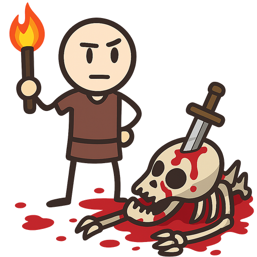 The player with a torch in his hand and the monster skeleton dead on the floor with a knife in his head and blood everywhere. No background. Transparent background. Blank background. No shadows. 2d. In-Game asset. flat