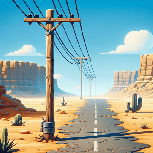 wooden electric pole on a desert road.
video game style