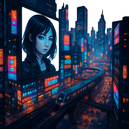 Cyberpunk city. have digital screens and digital girl have black hair talking on it. towers. from above. cars on roads. Trains roads. HD colors.