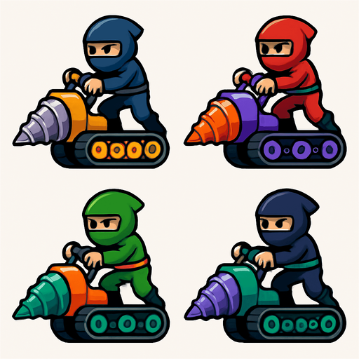 Different frames of a ninja digger, different colors, HD colors.
In-Game asset.  2d.  High contrast.  No shadows