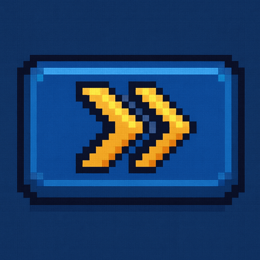 Blue button with two yellow chevrons in a row, pixel art style.