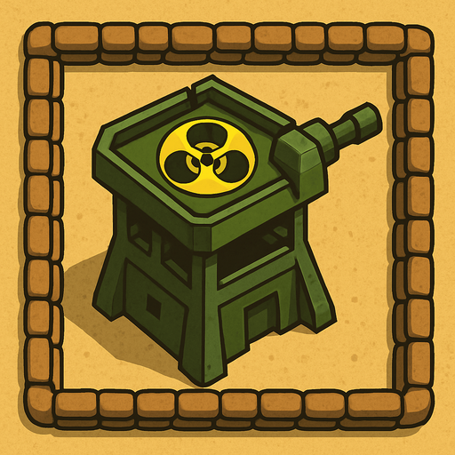 Top view of an Green defense Military tower large Toxic, in the desert, the image has a square border outlined by military defense Brown sandbags.
In-Game asset.  2d.  High contrast.  No shadows