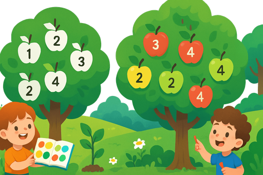 Fullscreen modern App Store landscape banner, 16:9, high definition, for a game titled "Aprendiendo a Colorear y Contar" and with the description "Juego educativo donde los niños relacionan números con colores para colorear frutas en árboles, aprendiendo a contar y reconocer colores mientras cuidan el medio ambiente.". No text on banner!