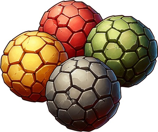 Create a set of hexagonal, rock-like balls for a cannon shooting game. Each ball should have a slightly beveled edge, giving it a 3D stone-like appearance with light shading and highlights. The balls should come in three distinct colors: Yellow, Red, and Green, each representing different power-ups or game functions. The texture should resemble polished stone but slightly rough, with subtle cracks or imperfections for realism.".
Single Game Texture.  In-Game asset.  2d.  Blank background.  High contrast.  No shadows