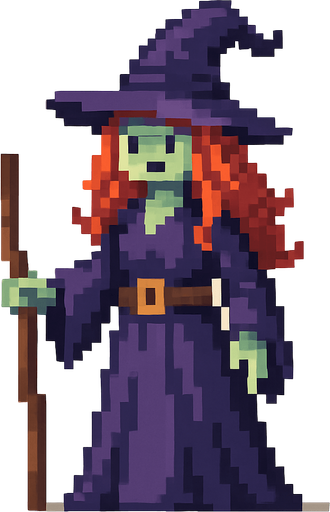 a witch with red head and purple hat..
pixel art. full body