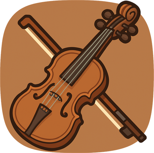 A cartoon-style 2D illustration of a traditional fiddle (similar to a violin) with a bow placed beside or over it. The fiddle should have a warm brown wooden body with visible f-holes, four strings, and tuning pegs. Add soft shadows, rounded edges, and a clean outline. The overall style should feel friendly and suitable for mobile games. Export the image as a transparent rounded brown background PNG, usable as a clickable icon in a music quiz game..
In-Game asset.  2d.  High contrast.  No shadows
