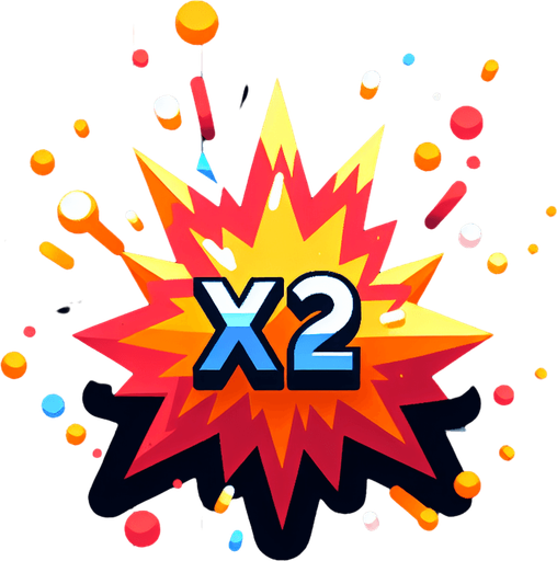 爆炸，里面有X2的字样.
Single Game Texture. In-Game asset. 2d. Blank background. High contrast. No shadows.