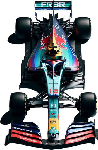 Full-length F1 race car. rainbow coloured Gradient on body. "FRVR" sponsor. Top view..
Single Game Texture. In-Game asset. 2d. Blank background. High contrast. No shadows.