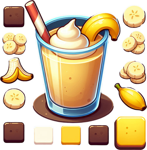 A nice glass of banana milkshake.
Single Game Texture. In-Game asset. 2d. Blank background. High contrast. No shadows.