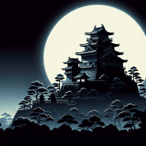 2d image. ancient meiji castle japan at night on full moon.
Single Game Texture.  In-Game asset.  2d.  Blank background.  High contrast.  No shadows. 2d image. full moon night. ancient temple meiji castle. surround of japanese forest