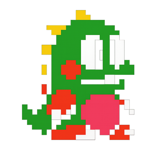The dragon from bubble booble, the arcade game. Retro, pixel style. Modernized for more pixels that originally, but keeping pixel style. High contrast..
In-Game asset.  2d.  High contrast.  No shadows