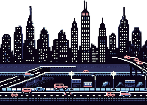 8 bit image city of newyork with black sky night.
Single Game Texture.  In-Game asset.  2d.  Blank background.  High contrast.  No shadows