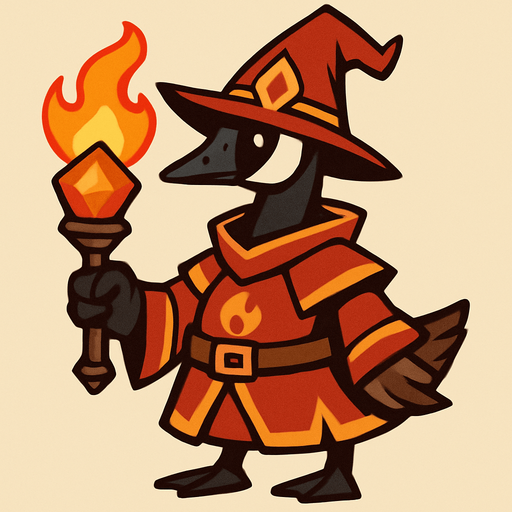 A Canadian Goose in Pyro Mage outfit holding a pyro catalyst.
In-Game asset.  2d.  High contrast.  No shadows