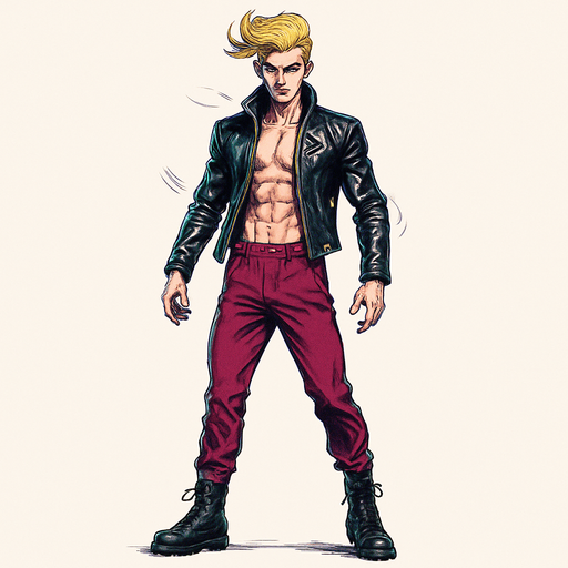 Swishy graceful man Cyberpunk manga, facing forward idle pose shiny black leather biker jacket longsleeves shirtless Skinny abs blonde pompadour guy, action shot wine red joggers combat boots, Background removed, "Full-body character, entirely in frame, no cropping of face, head, or feet" "Complete character visible, from head to toe, fully centered in the image" "Entire character, including face and boots, fully within the frame" Character fully contained within a square frame, no edges cut off fashion model pose